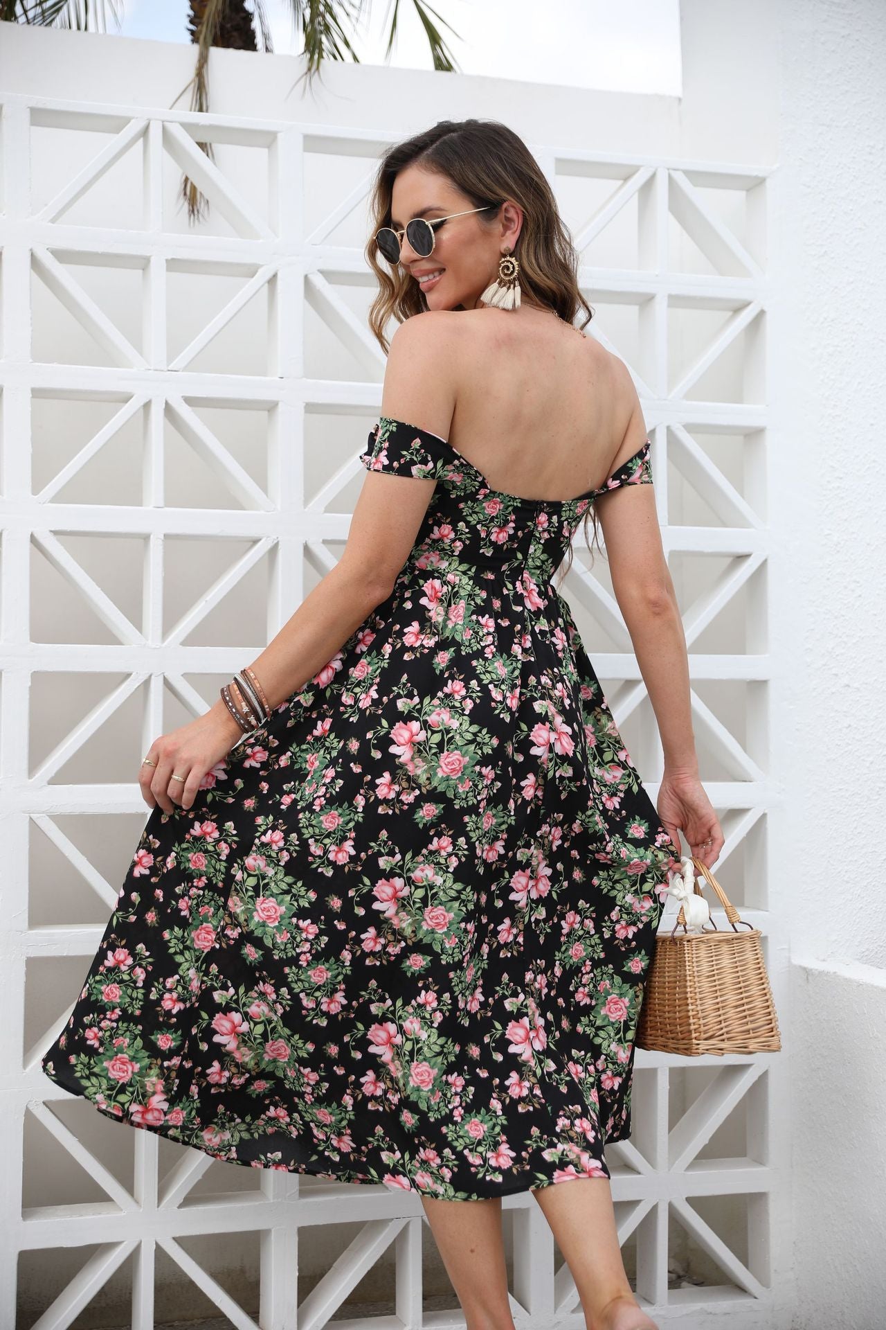 Floral Midi Dress with Off-Shoulder Neckline and Flared Skirt
