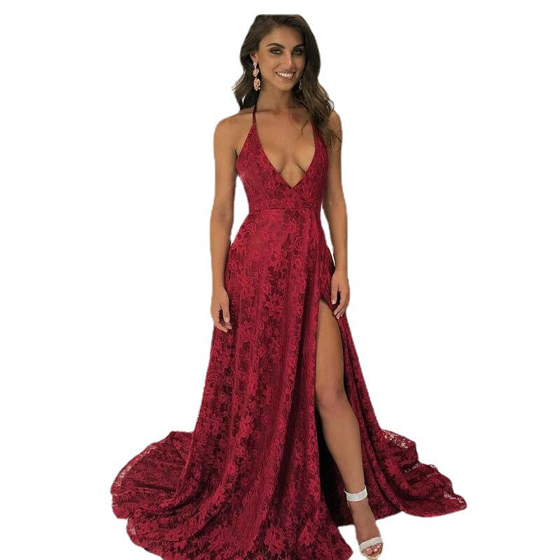 Halter Deep V-Neck Lace Maxi Dress with High Slit