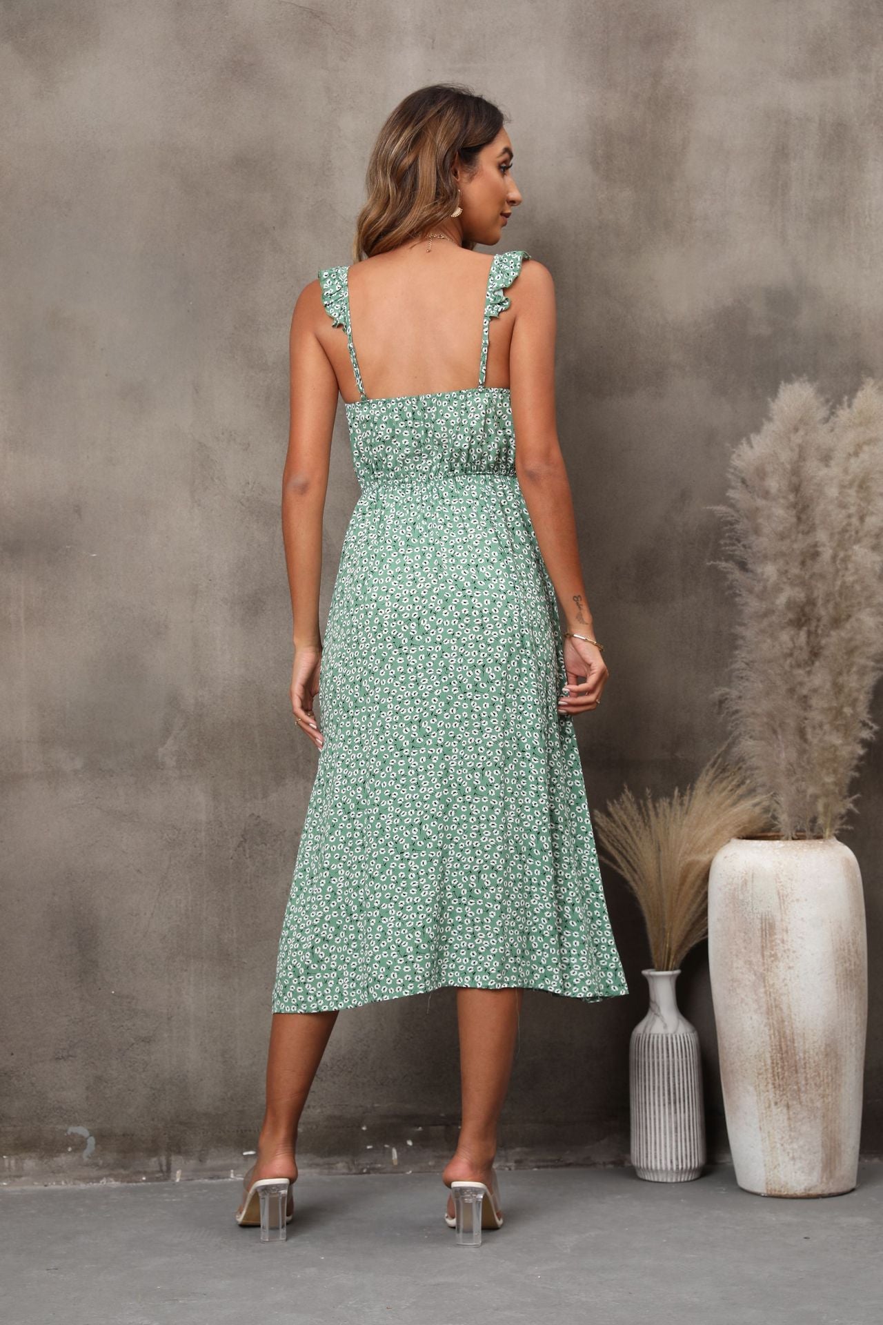 Floral Slip Midi Dress with Ruffle Straps and Side Slit
