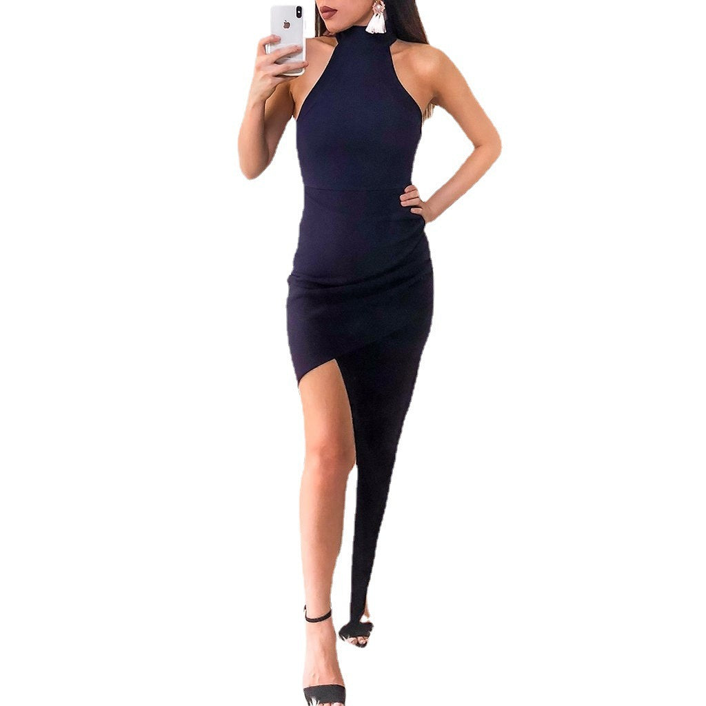 Bodycon Midi Dress with Halter Neck and Draped Slit