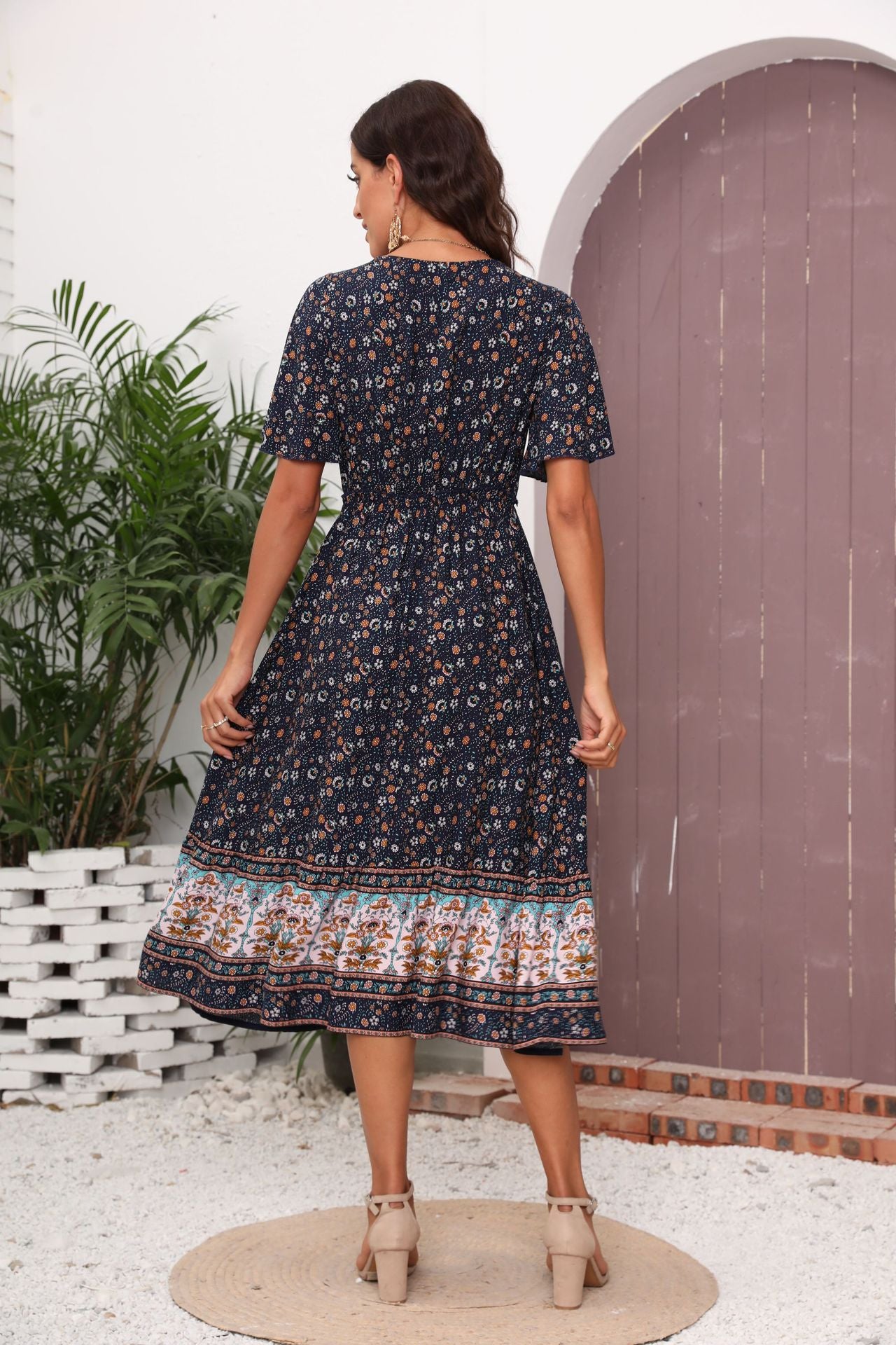 Bohemian Floral Print Midi Dress with V-Neck