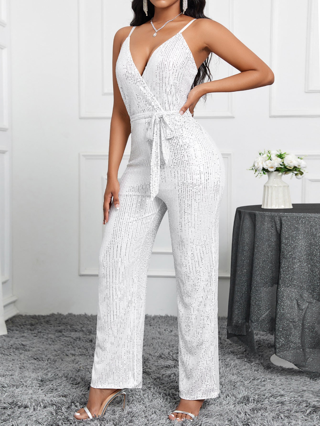 Sequined Straight-Leg Jumpsuit with V-Neck and Tie-Waist