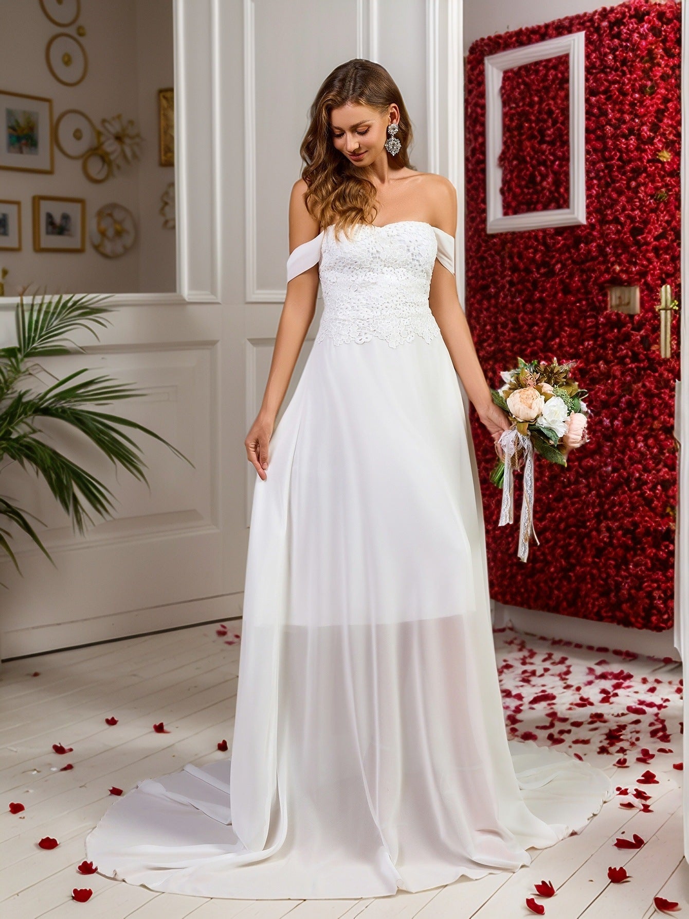 Chiffon A-Line Wedding Dress with Off-Shoulder Straps and Lace Bodice