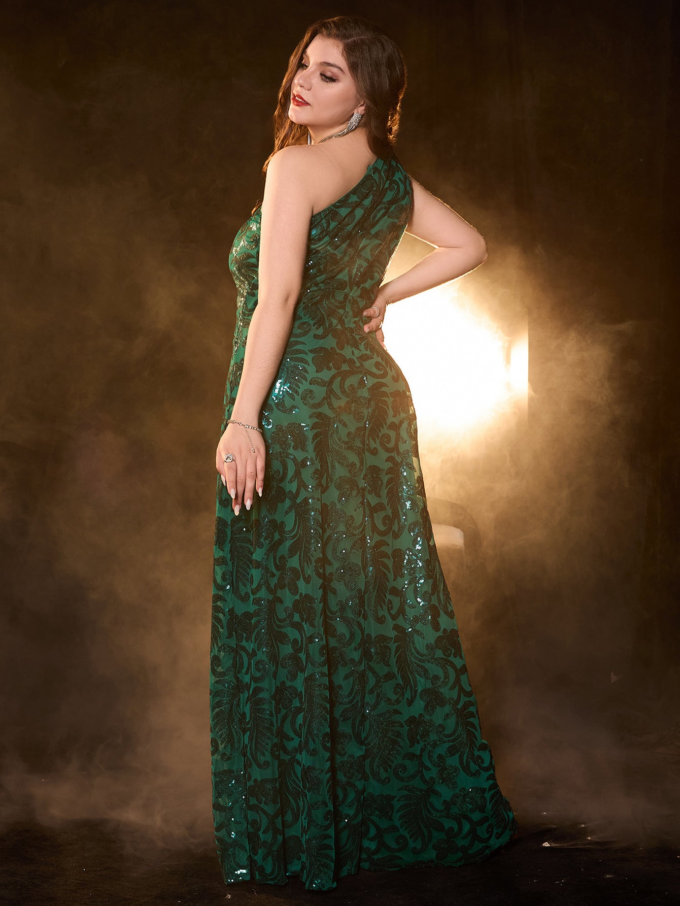 Plus Size Sequined A-Line One-Shoulder Maxi Dress