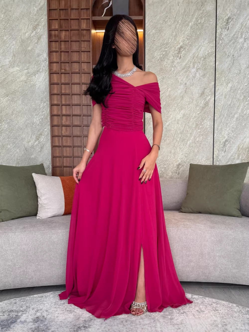 A-Line Maxi Dress with Off-Shoulder Ruched Bodice and Slit