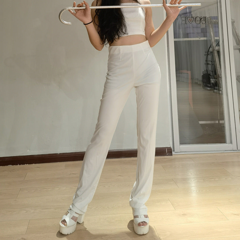 White Two-Piece Set with Bandeau Crop Top and Straight-Leg Trousers
