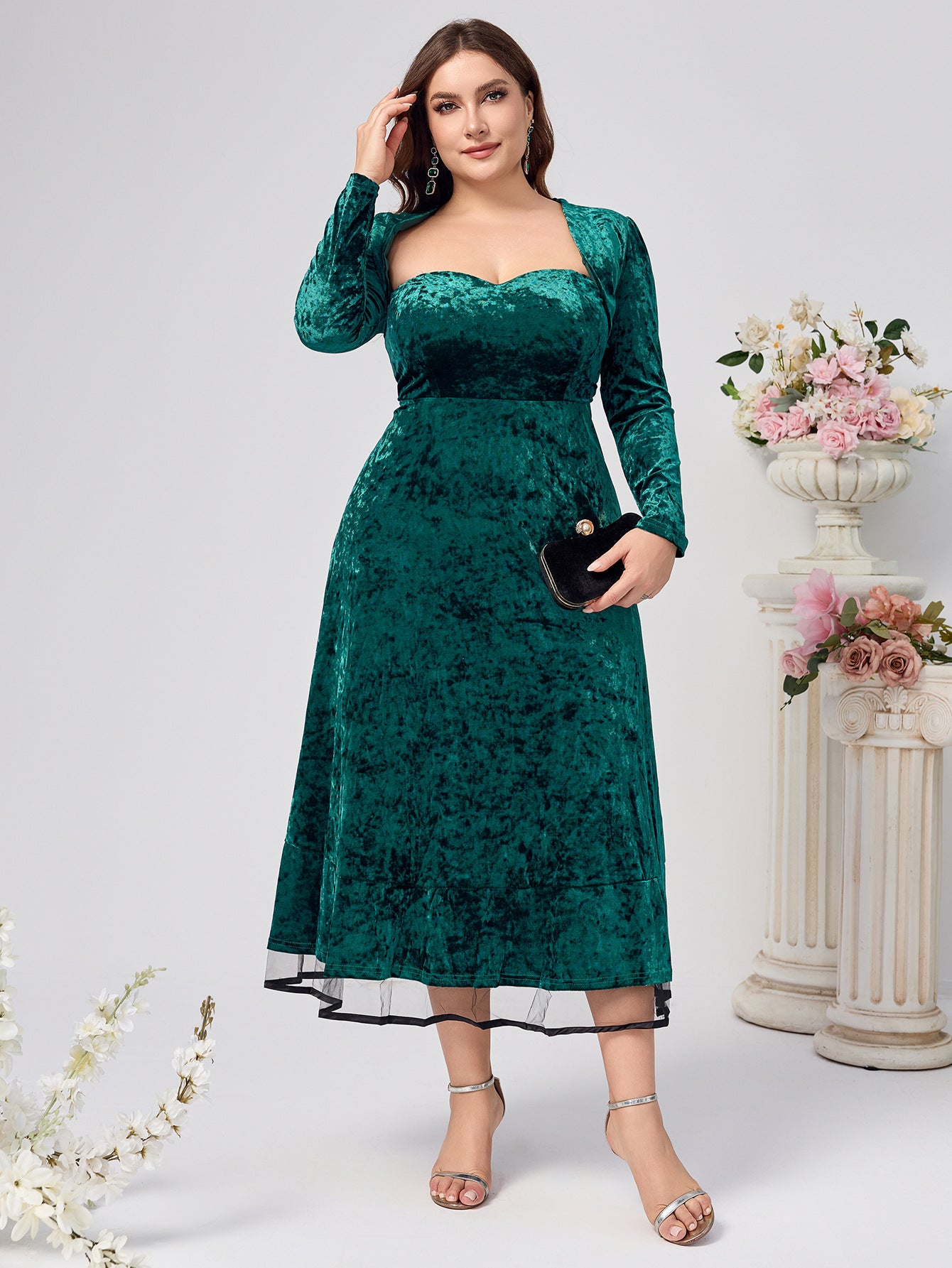A-Line Crushed Velvet Midi Dress with Bolero Jacket