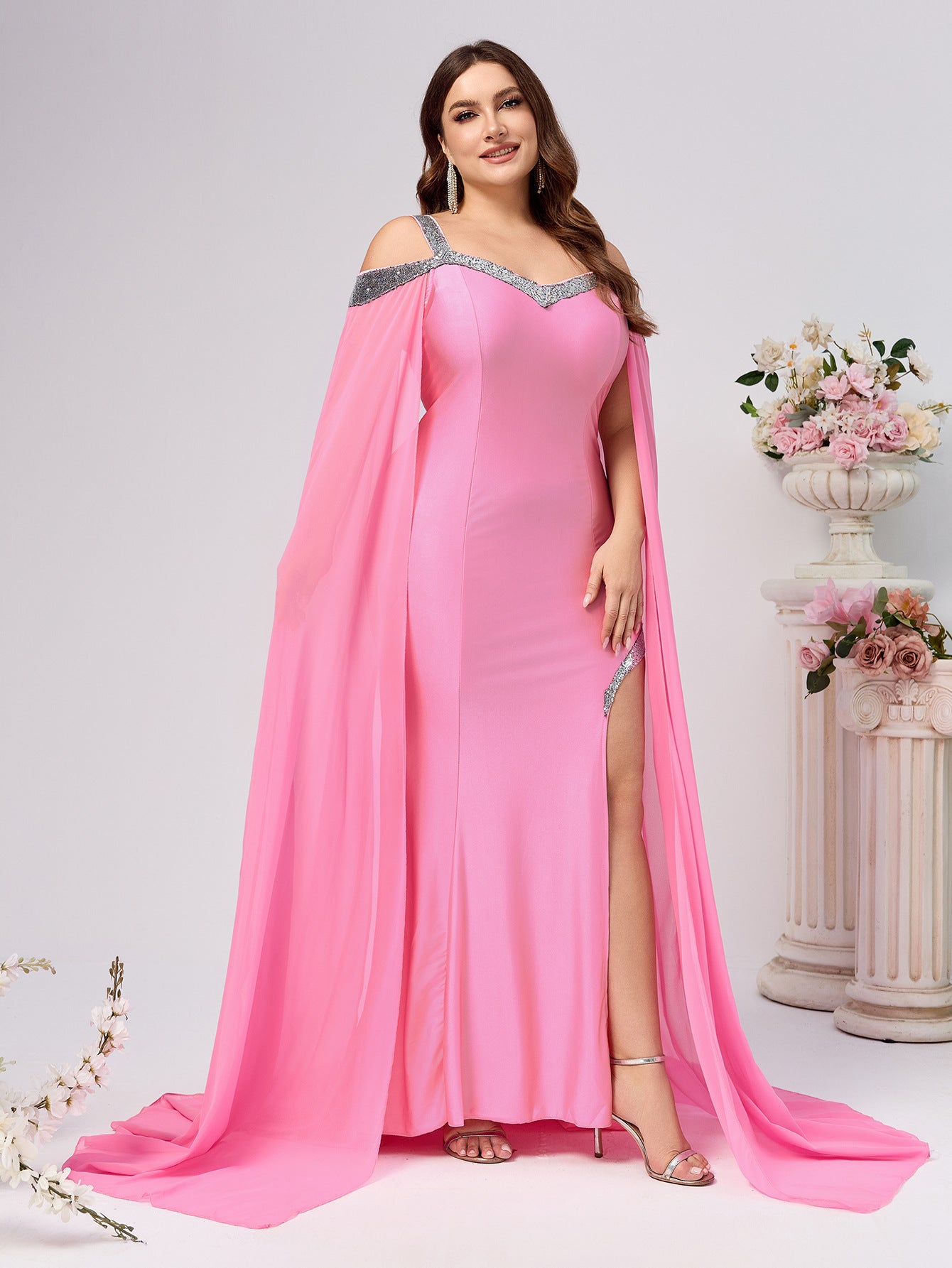 Sheath Maxi Dress with Sequin Trim and Trailing Cape Sleeves