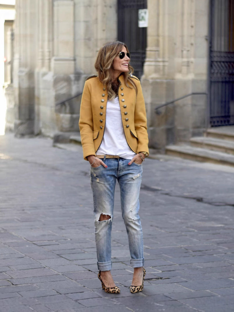 Short Military Jacket with Collarless Neck