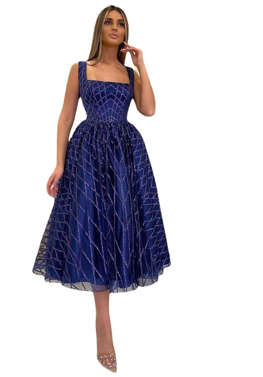 A-Line Midi Dress in Sequined Lattice with Square Neck