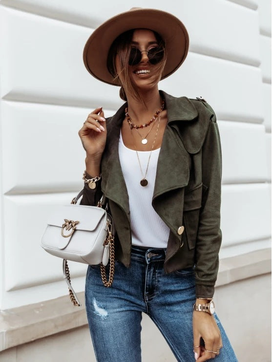 Cropped Faux Suede Jacket with Draped Lapel and Double-breasted Buttons