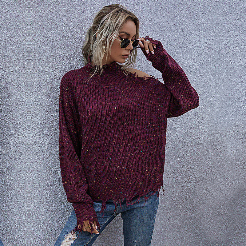 Loose Knit Pullover with Ripped Shoulder and Mock Neck