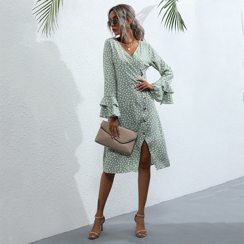 Printed A-Line Midi Dress with Bell Sleeves and Front Slit