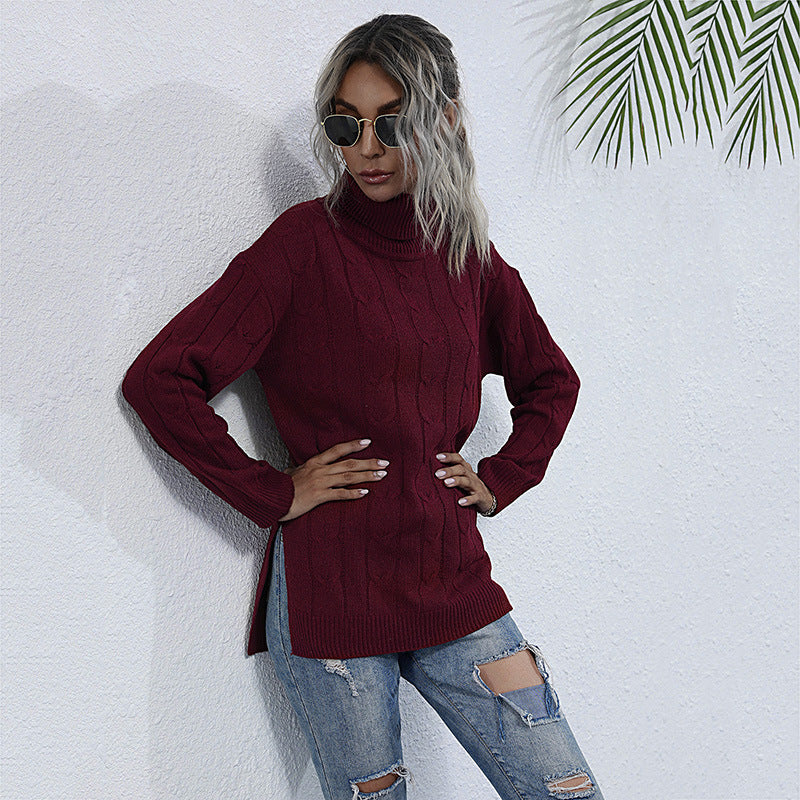Loose Cable Knit Turtleneck Sweater with Split Hem