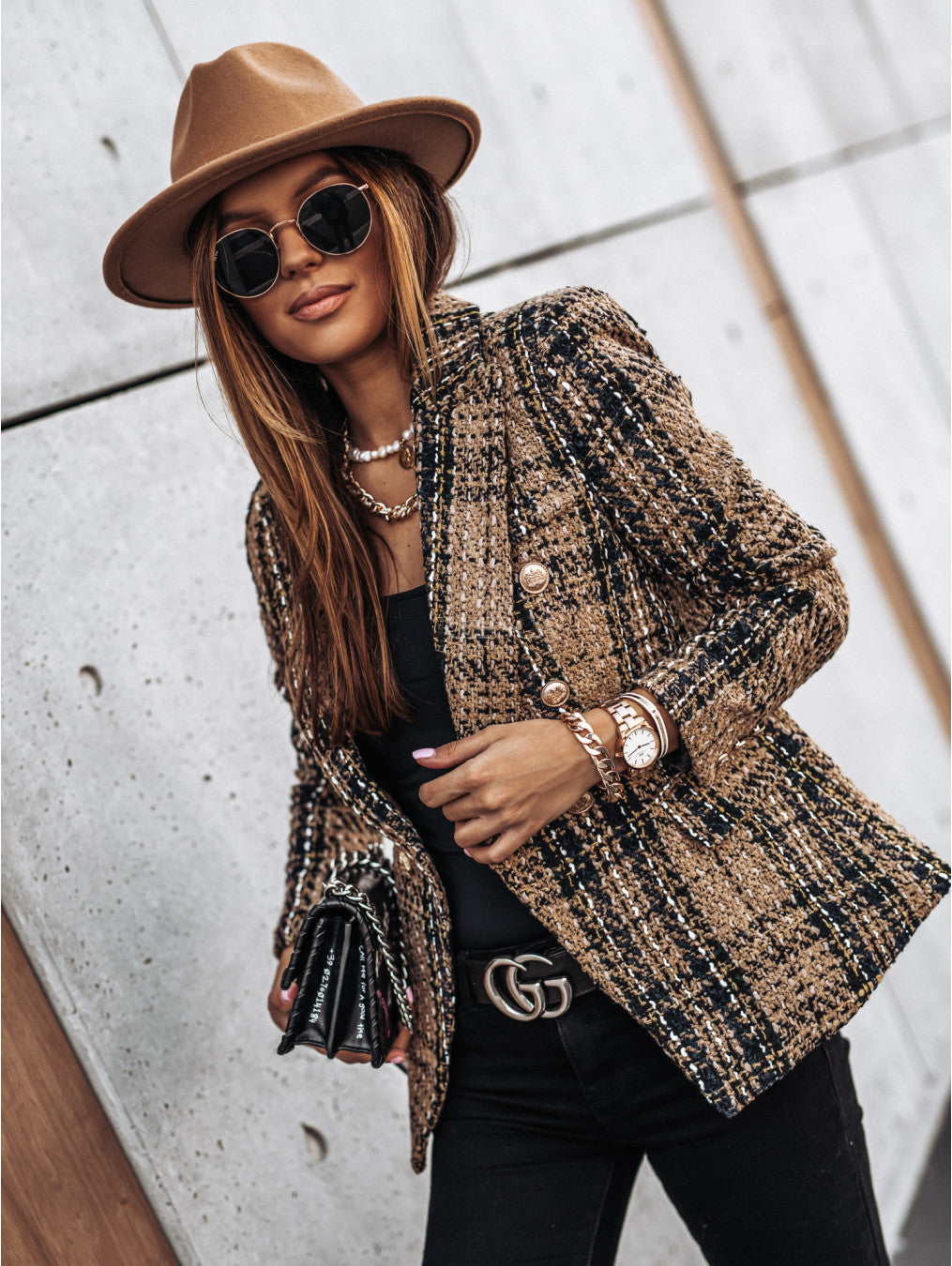 Tweed Plaid Double-Breasted Blazer