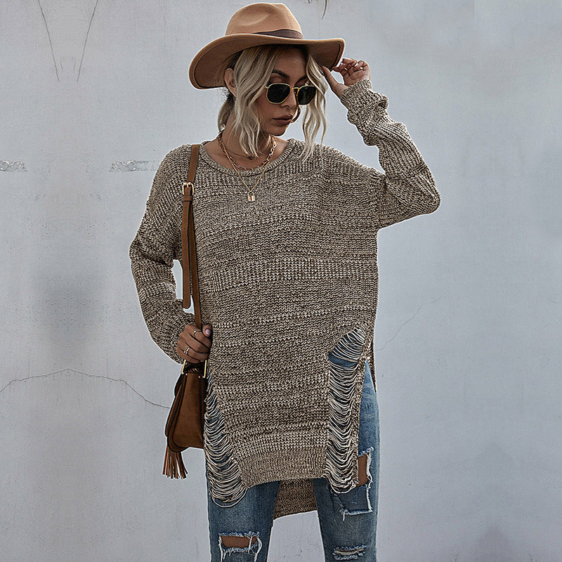 Long-Line Solid Knit Sweater with Distressed Sides