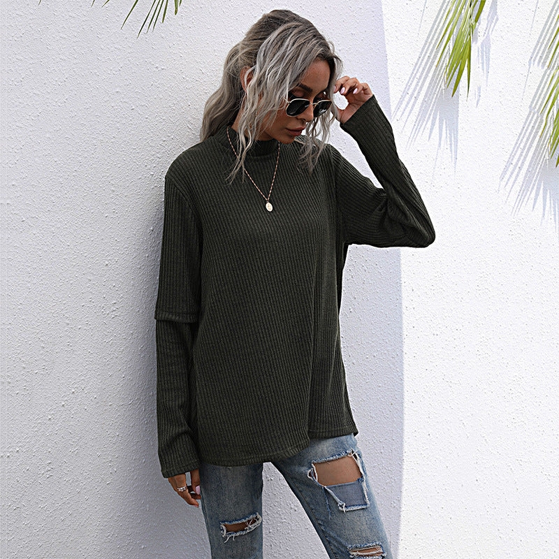 Loose Ribbed Pullover with Half-Turtleneck and Split Back