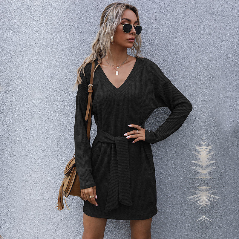 Ribbed Knit Sweater Dress with V-Neck and Tie Waist