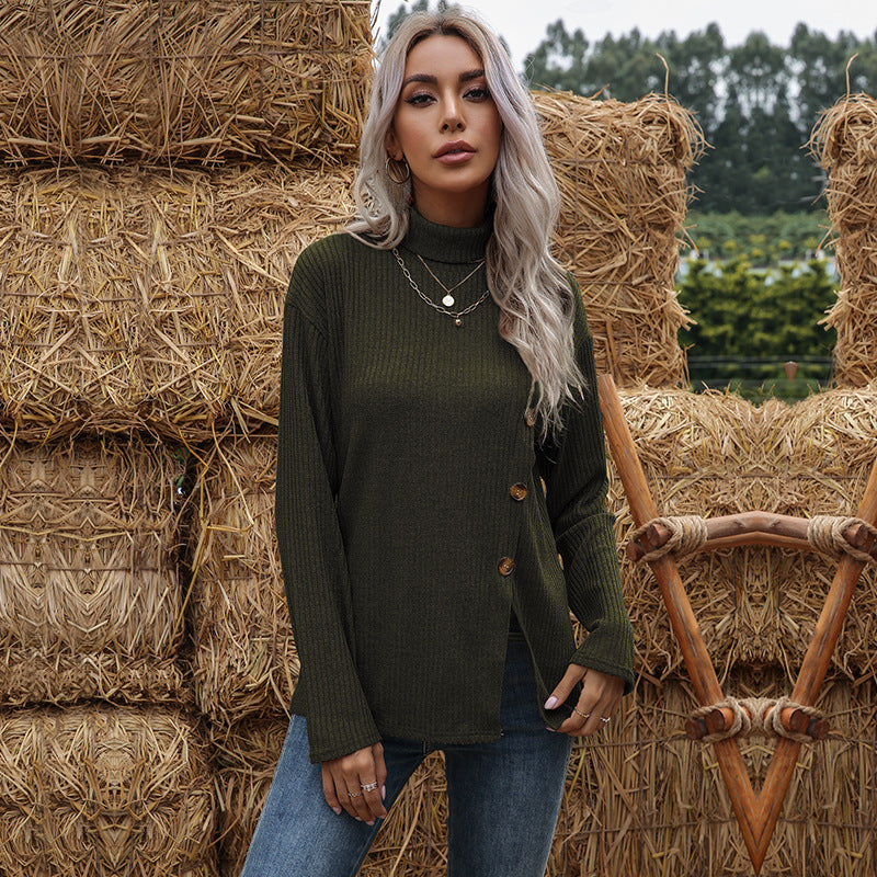 Ribbed Knit Turtleneck Pullover with Side Button Slit
