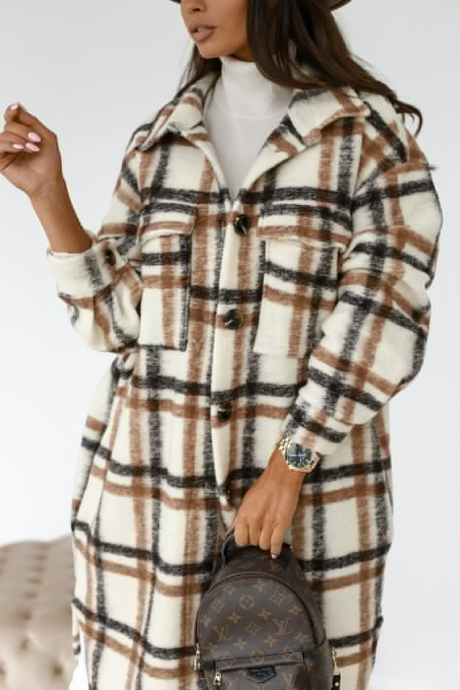 Oversized Plaid Longline Shacket with Lapel Collar