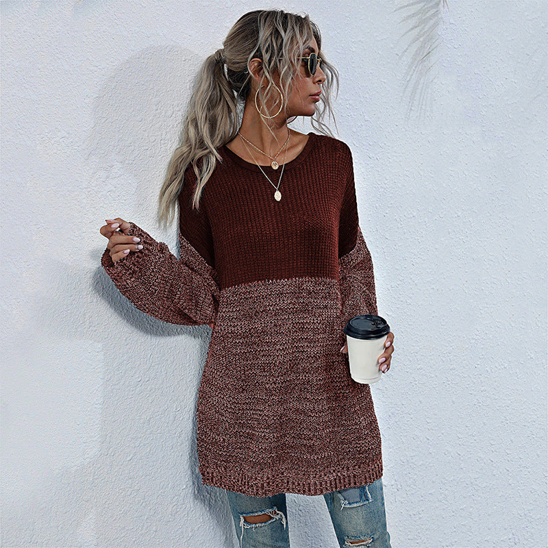 Oversized Color-Block Knit Sweater with Crewneck
