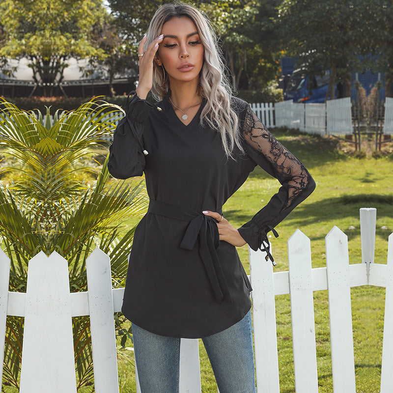 Solid V-Neck Tunic Blouse with Lace Sleeves and Tie-Waist
