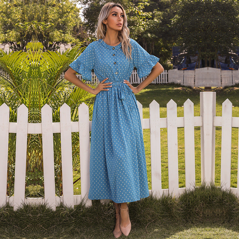 Polka Dot A-Line Maxi Dress with Ruffled Sleeves and Tie Waist