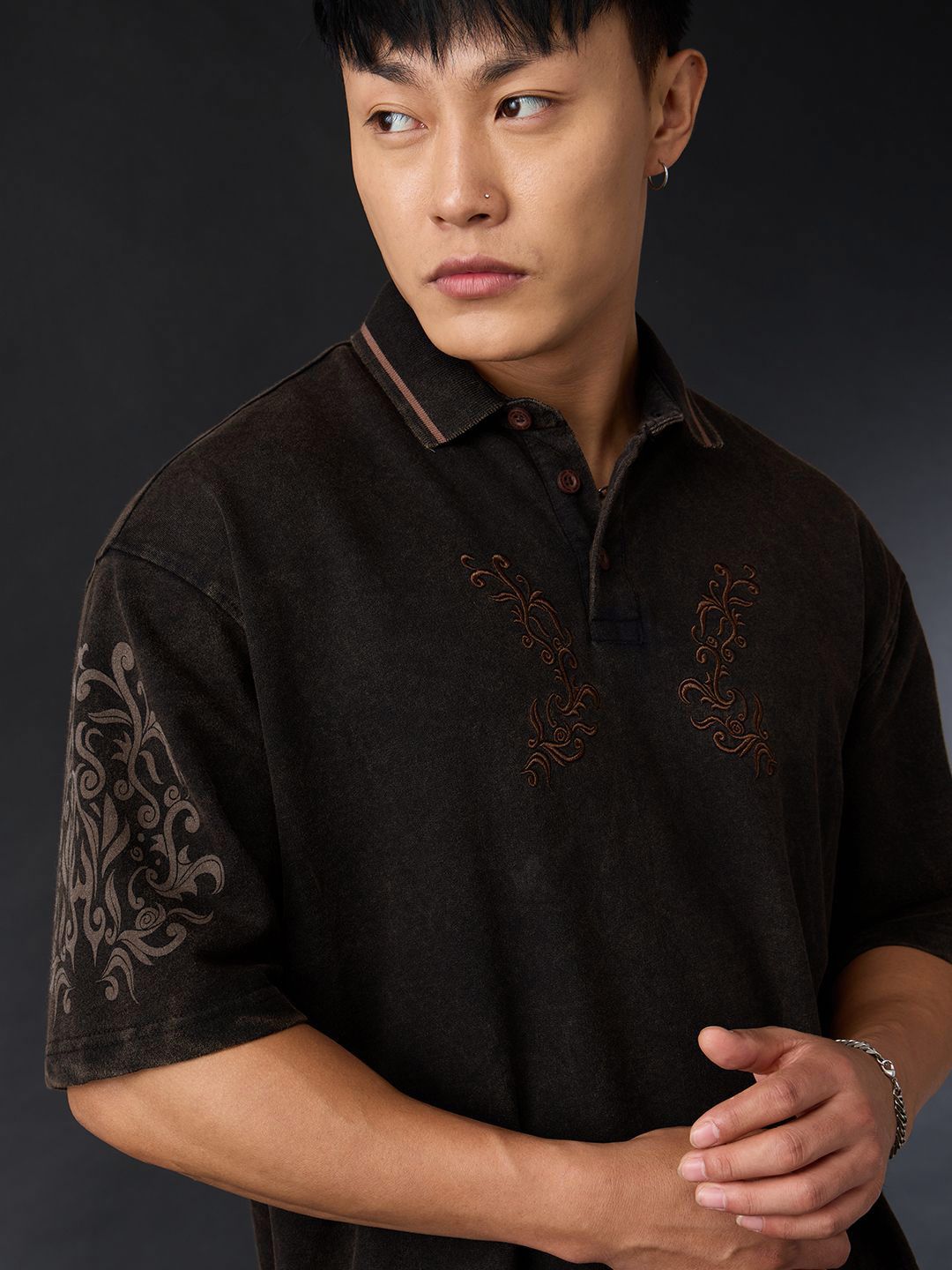 Men Oversized Fit Printed Black Polos