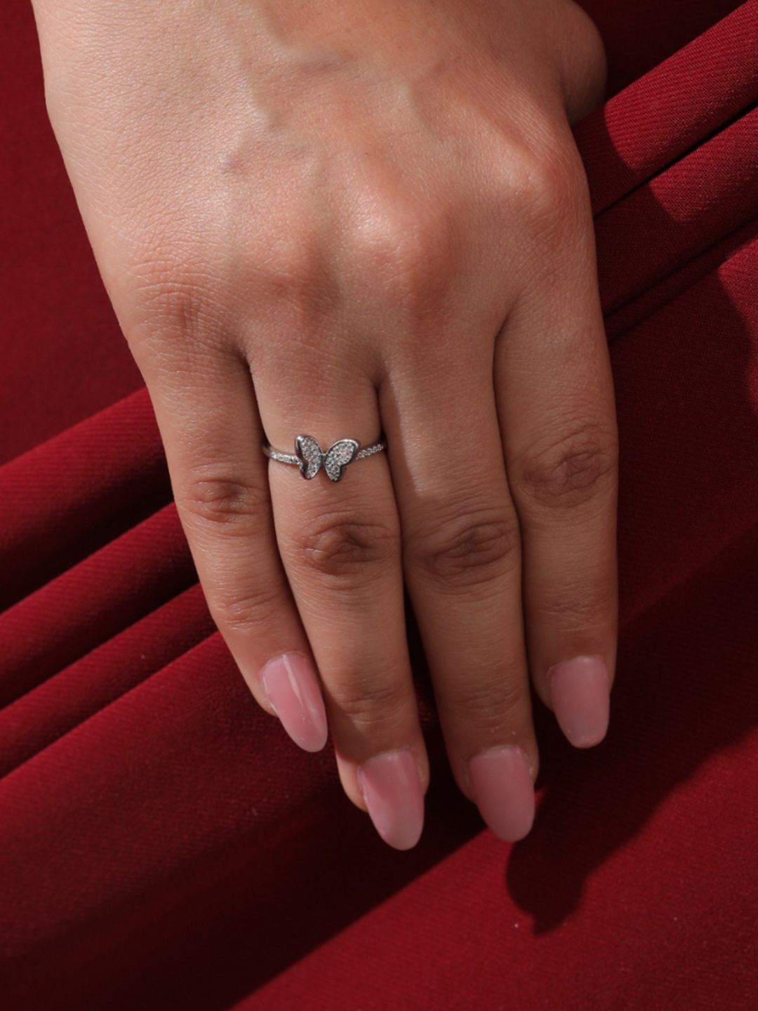 SALTY Butterfly Silver Plated Stone Studded Finger Ring