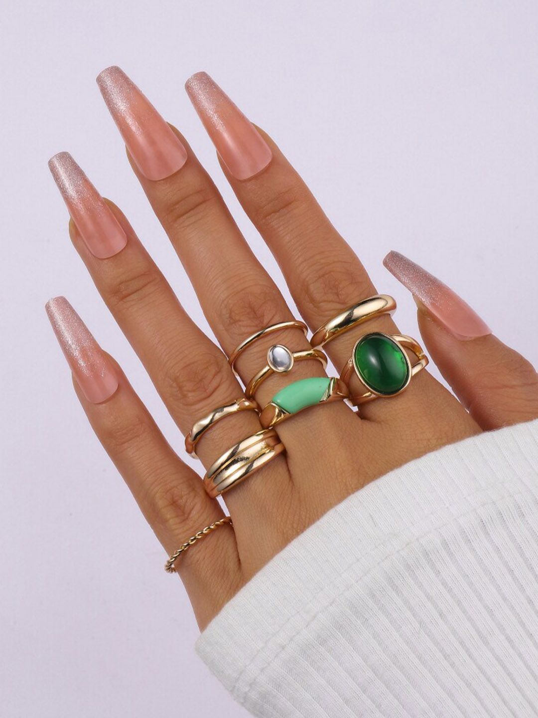 SALTY Set of 8 Emerald Finger Rings for Women
