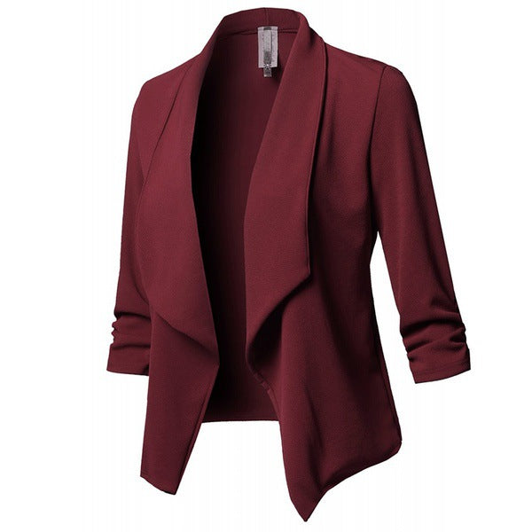 Solid Draped Lapel Blazer with Ruched 3/4 Sleeves