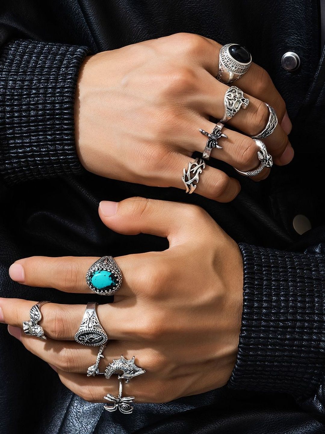 Men Set Of 11 Silver-Plated Stone-Studded Finger Ring