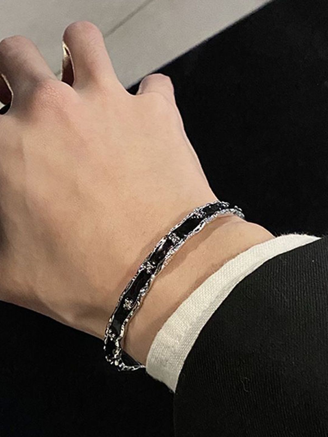 Men Stainless Steel Silver-Plated Artificial Stones Cuff Bracelet