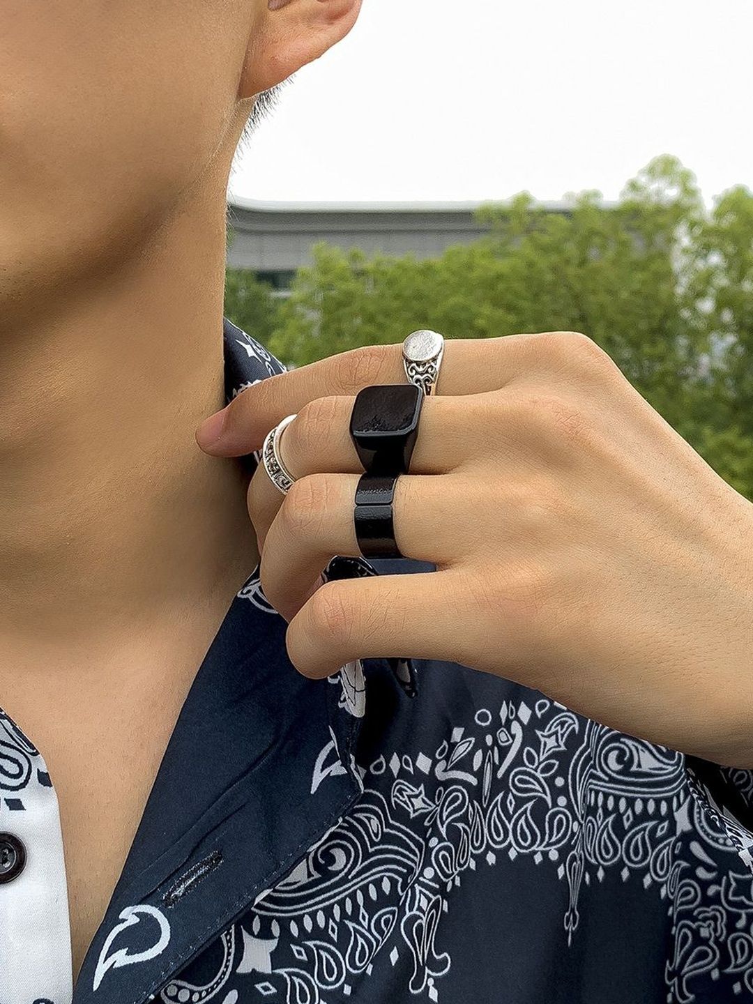 Men Set Of 4 Silver-Plated Finger Rings
