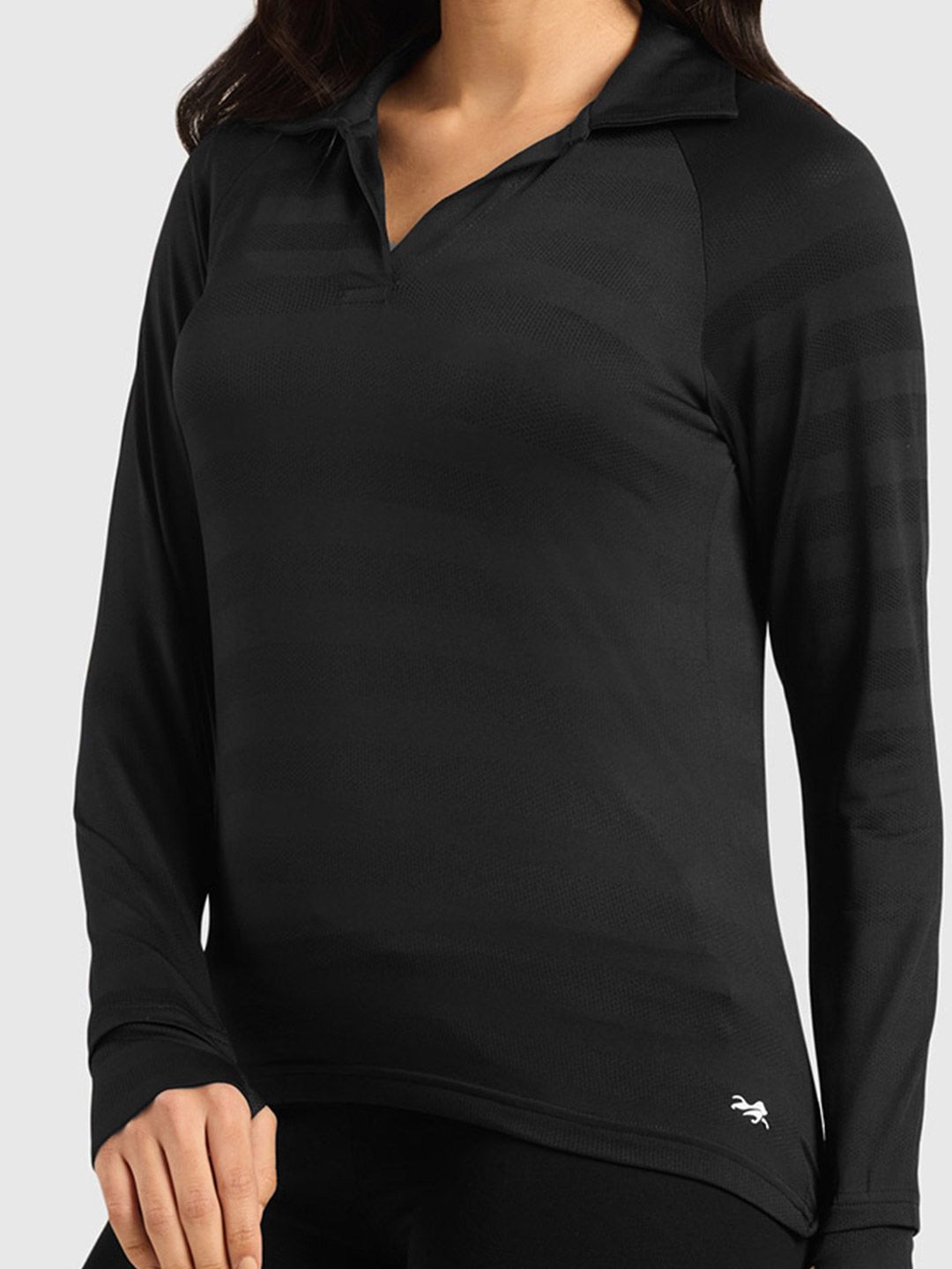 Vogue Women Self Design Full Sleeves Polo Collar T-shirt