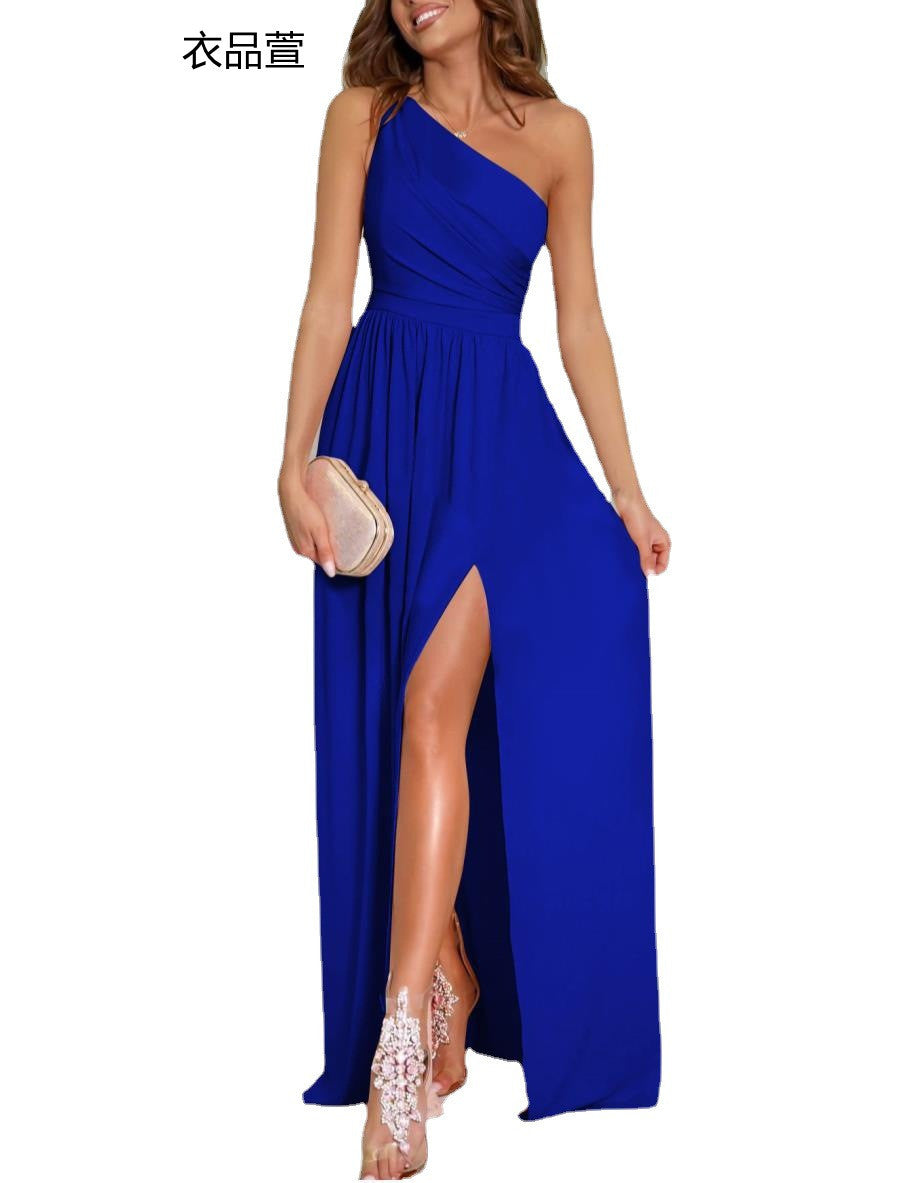 Solid Color Maxi Dress with One-Shoulder Neckline and High Slit