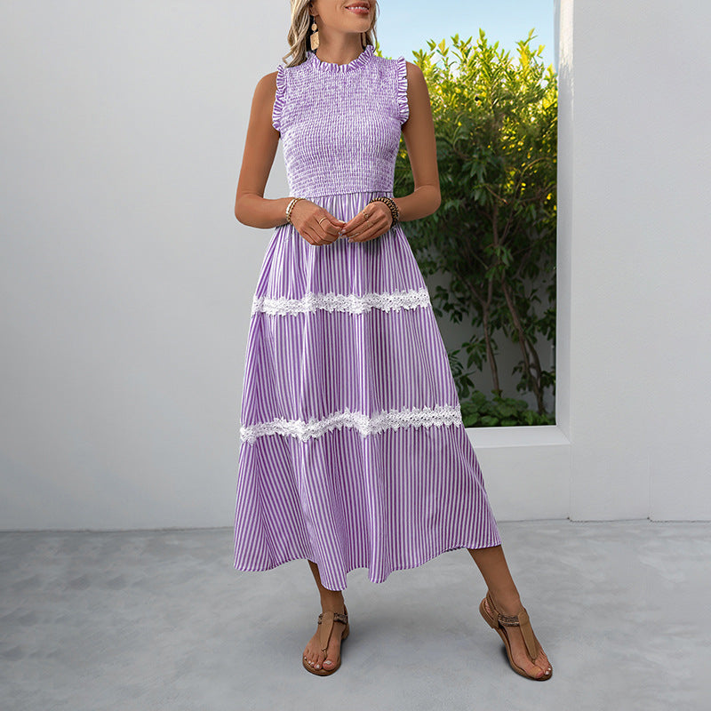 Striped A-Line Midi Dress with Smocked Bodice and Lace Trim