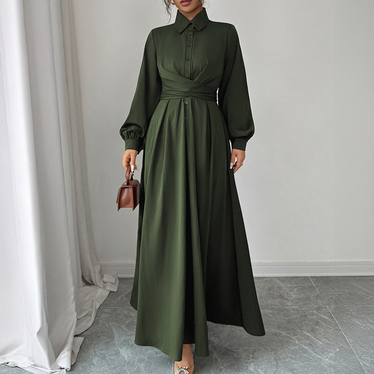 A-Line Long Dress with Lapel Collar and Pleated Wrap Waist