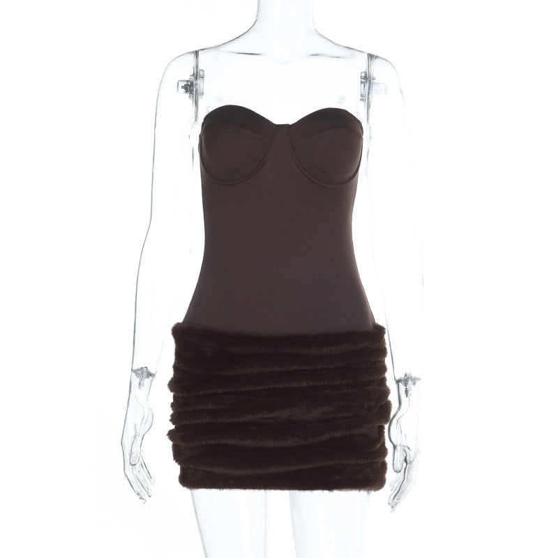 Sleeveless Low-Collar Tube Dress With Splicing Solid Color