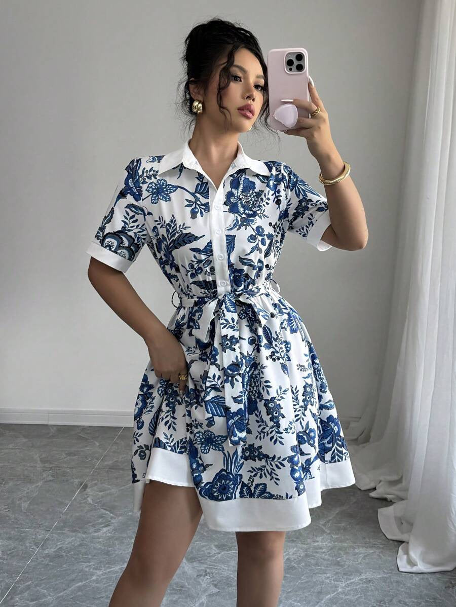 A-Line Floral Print Dress with Shirt Collar and Tie Waist