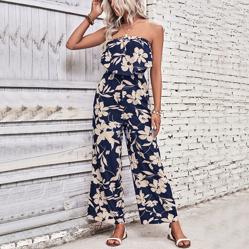 Floral Print Wide-Leg Jumpsuit with Strapless Ruffle Bodice