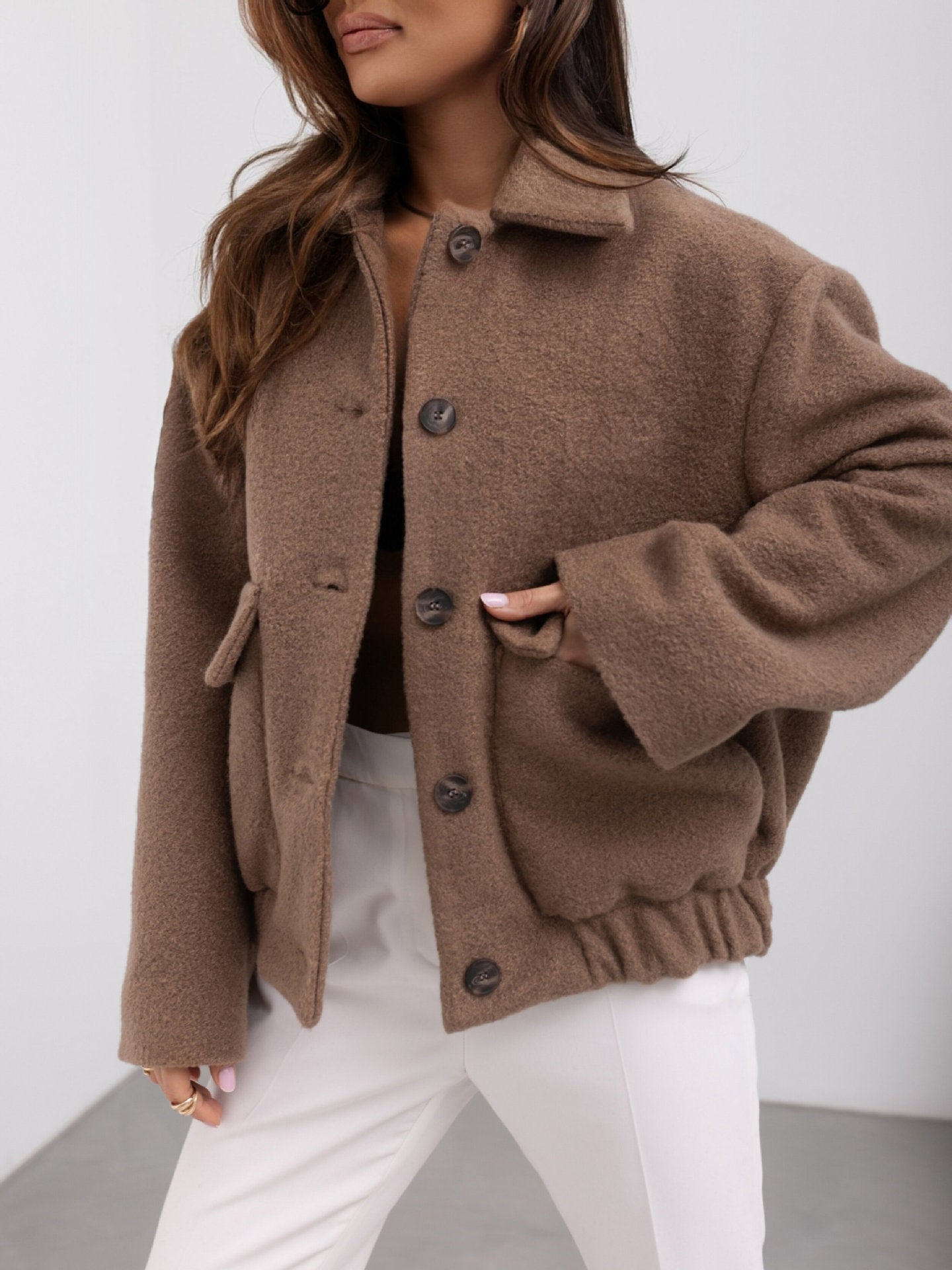 Cropped Shacket with Lapel Collar and Ribbed Hem