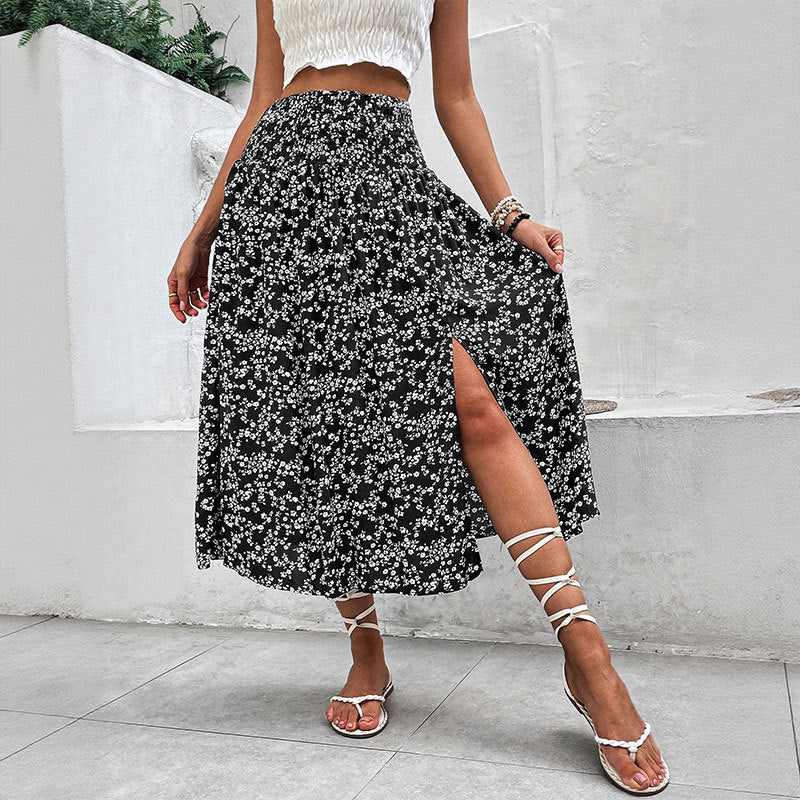 Floral Print Midi Skirt with Smocked Waist and Slit