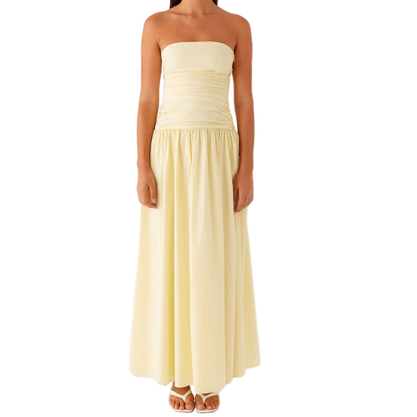 Strapless Ruched Maxi Dress with Dropped Waist