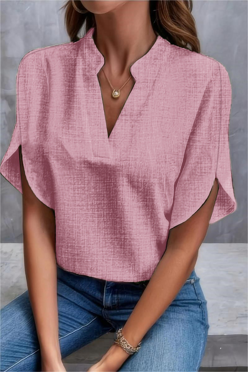 Solid Blouse with V-Neck and Split Short Sleeves
