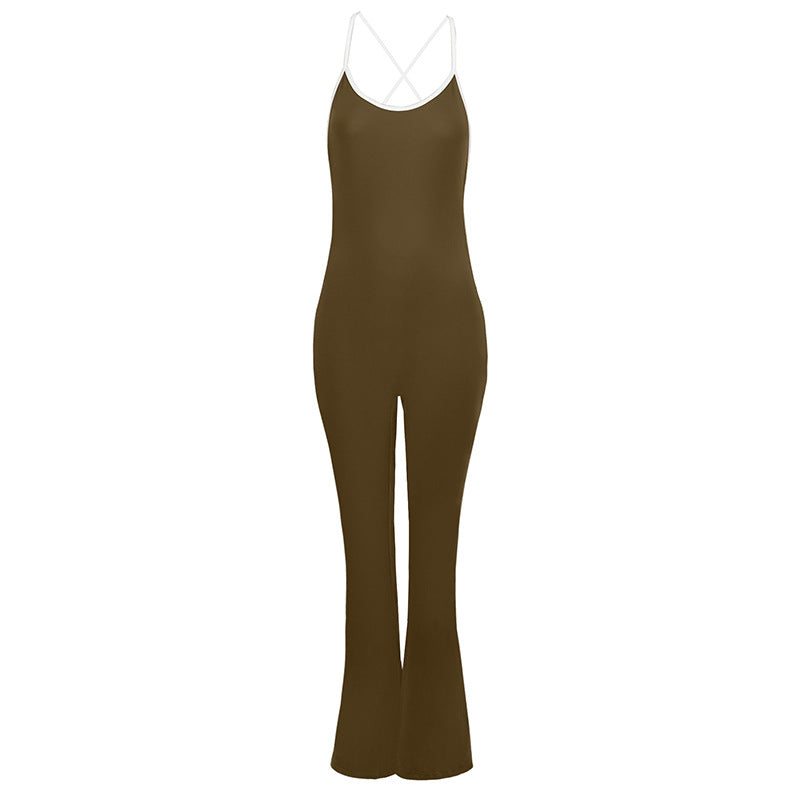 Bodycon Flared Jumpsuit with Backless Detail and Contrast Trim