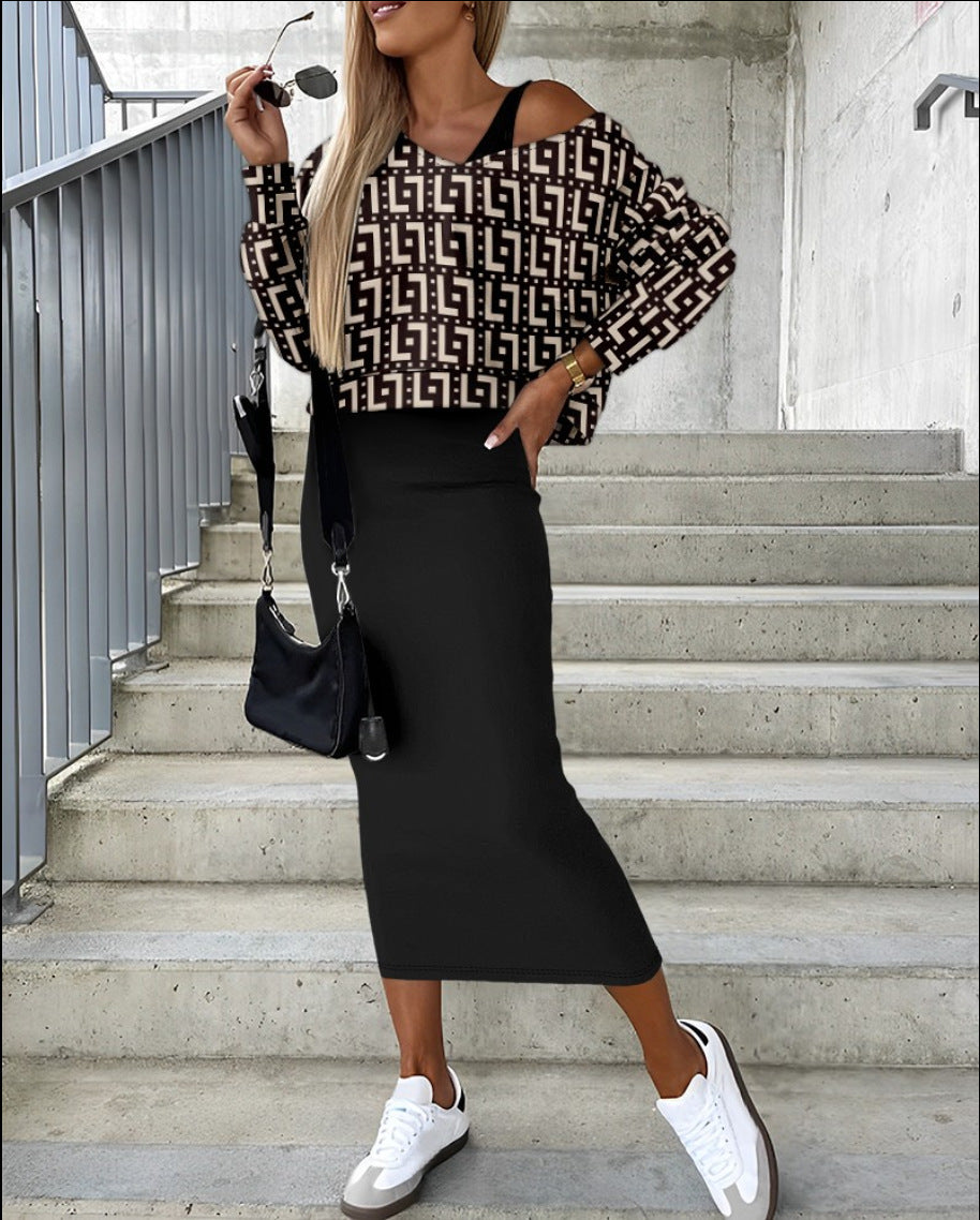 Printed Two-Piece Set with Batwing Sleeve Top & Sheath Skirt