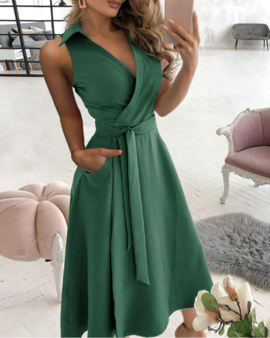 Solid A-Line Midi Dress with Collared V-Neck and Tie-Waist