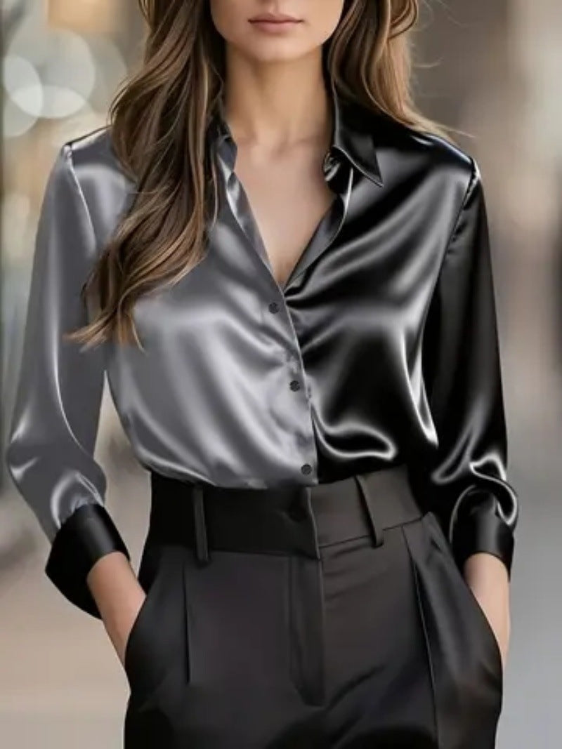 Two-Tone Satin Button-Down Shirt with Lapel Collar