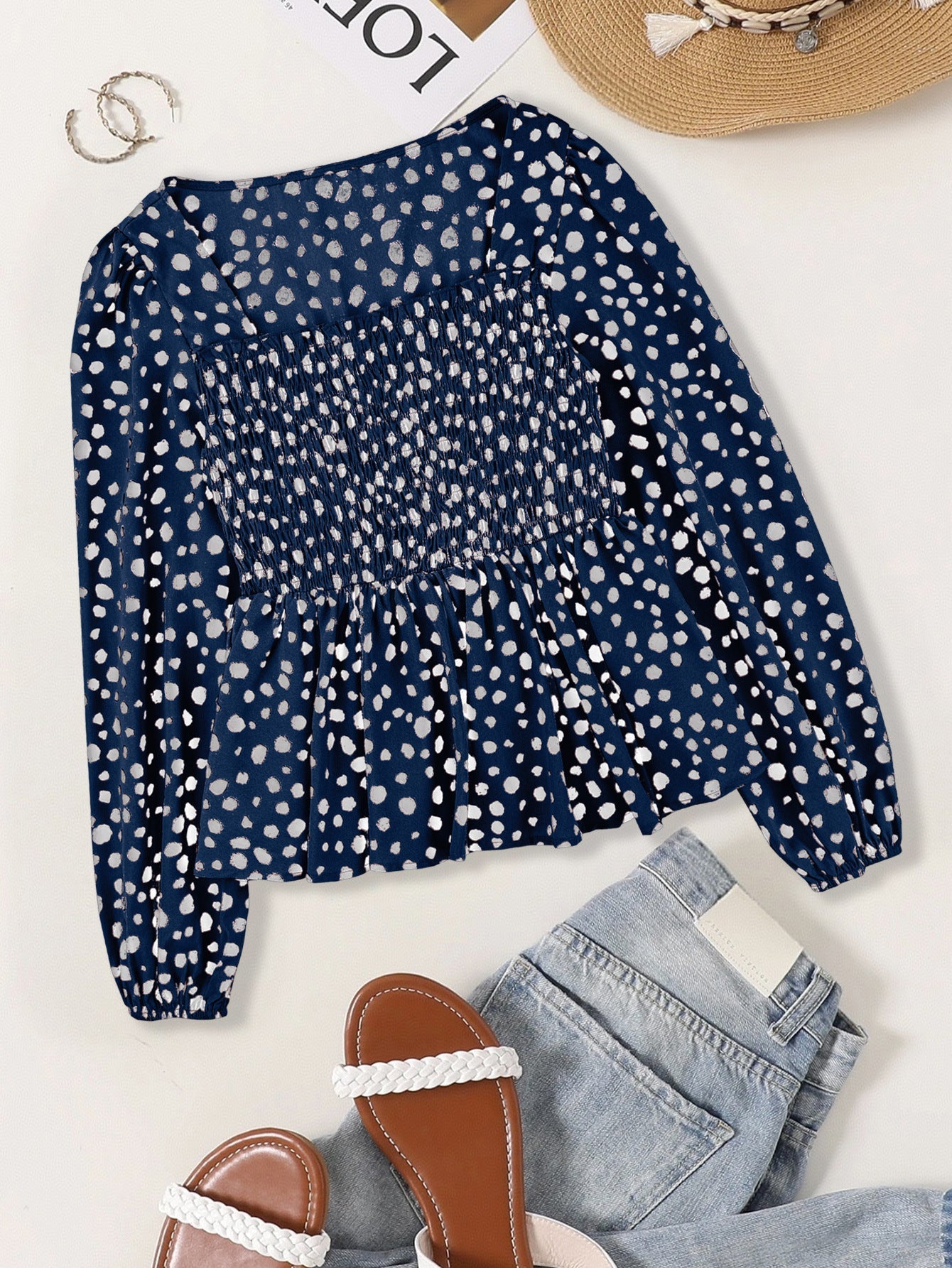 Polka Dot Peplum Blouse with Square Neck and Smocked Bodice
